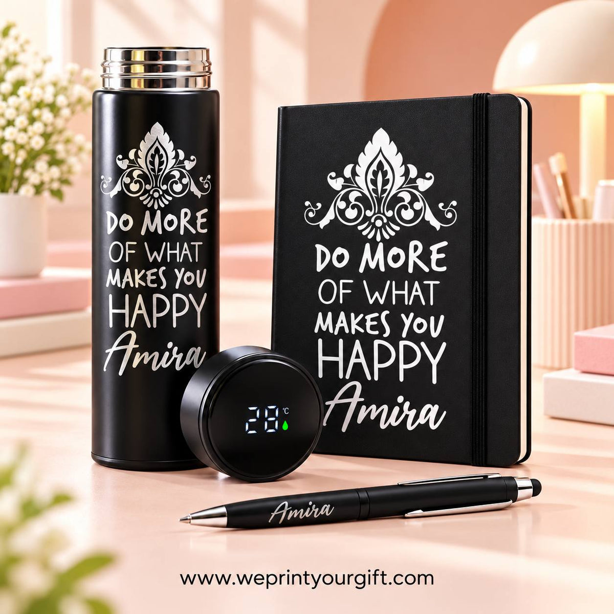 Personalized Office Gift Set – Digital Thermos, Notebook & Pen | Name & Quote