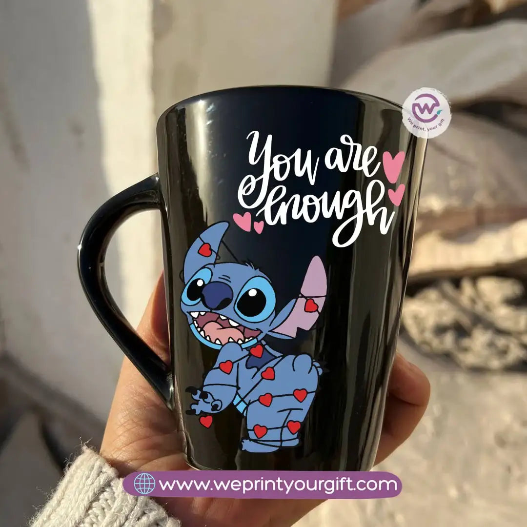 Stitch Valentine’s Edition Black Conical Porcelain Mug – 350 ml | UV Raised Sticker Printing - WE PRINT