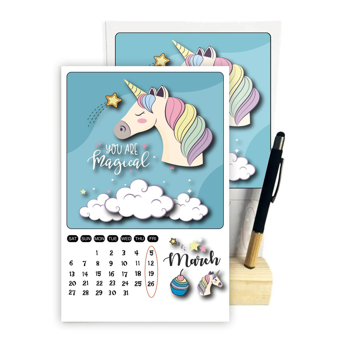 Magical Unicorn 2027 Desk Calendar with Wooden Stand & Bamboo Stylus Pen – Pastel Rainbow Collection