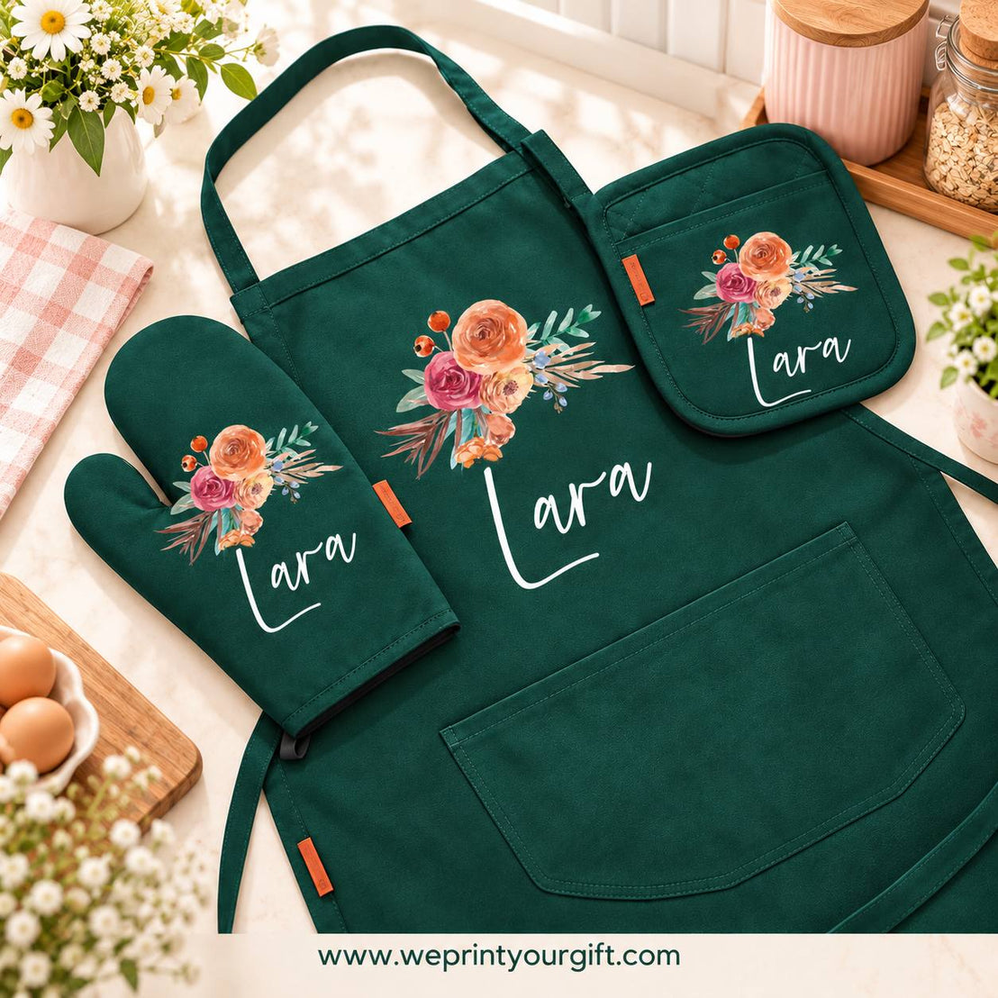 Floral Motivational Quote 3-Piece Kitchen Set (Apron, Oven Mitt & Pot Holder) + Optional Chef Hat, Personalized with Your Name