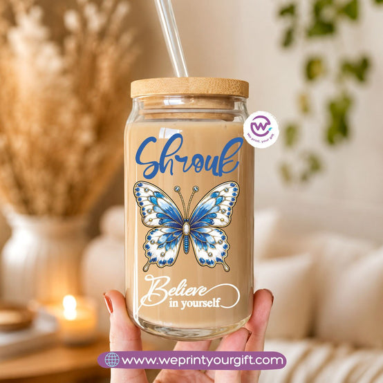 Butterfly Designs Glass Cup with Bamboo Lid & Reusable Glass Straw