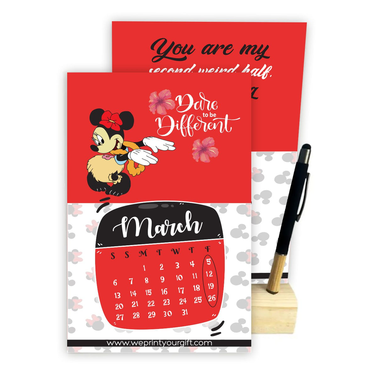 MINNIE MOUSE 2027 Desk Calendar – Cute Monthly Designs with Wooden Stand & Bamboo Touch Pen