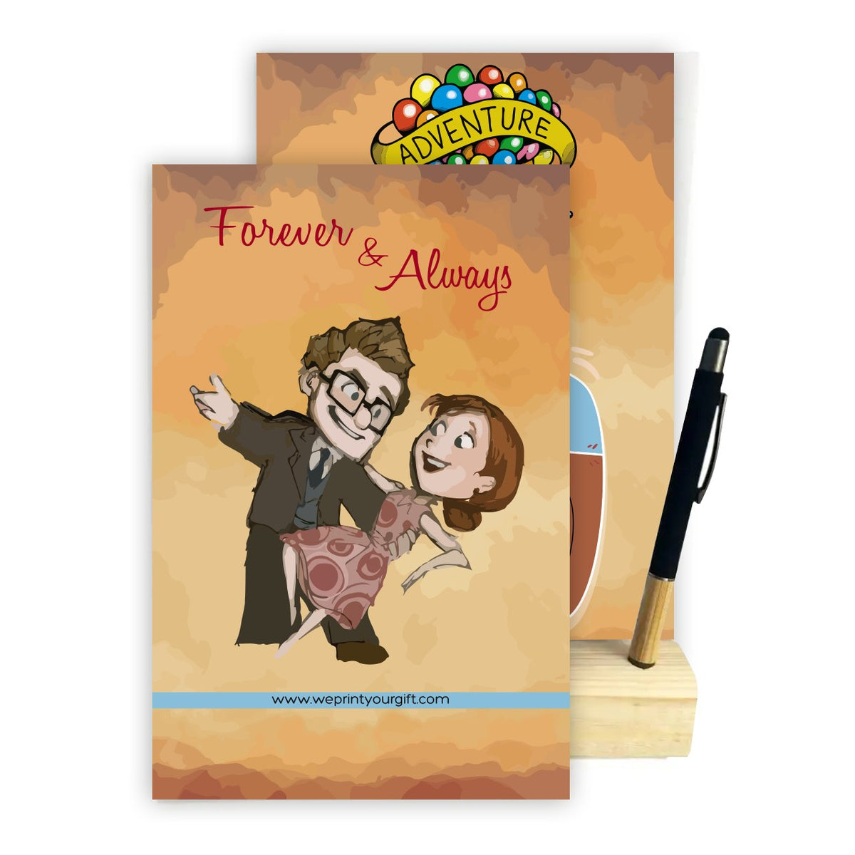 2027 Desk Calendar – Love & Balloon Adventure | Romantic Cartoon Design with Wooden Stand & Bamboo Touch Pen