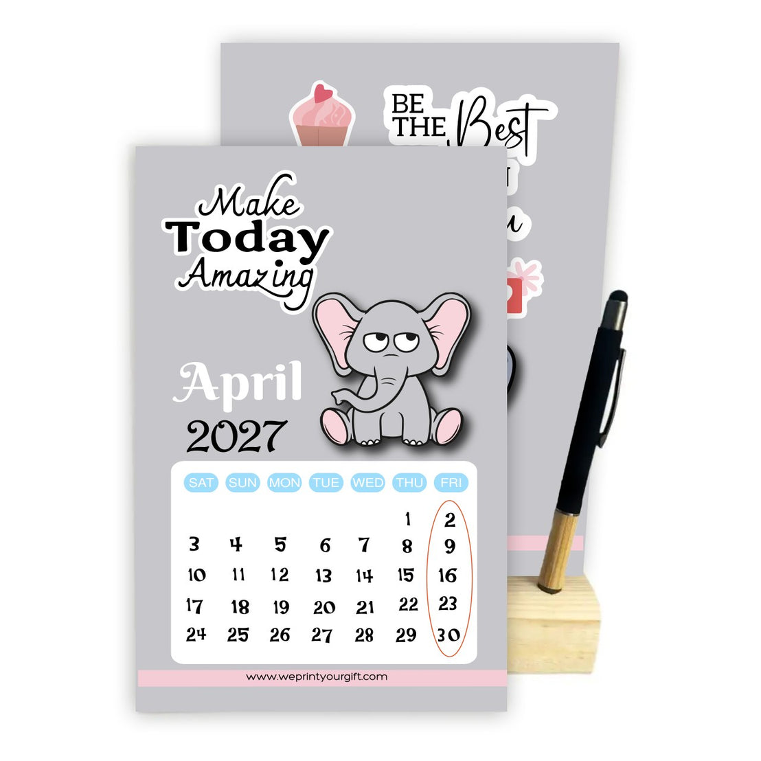 Cute Elephant 2027 Desk Calendar with Wooden Stand & Bamboo Stylus Pen – Inspirational Collection
