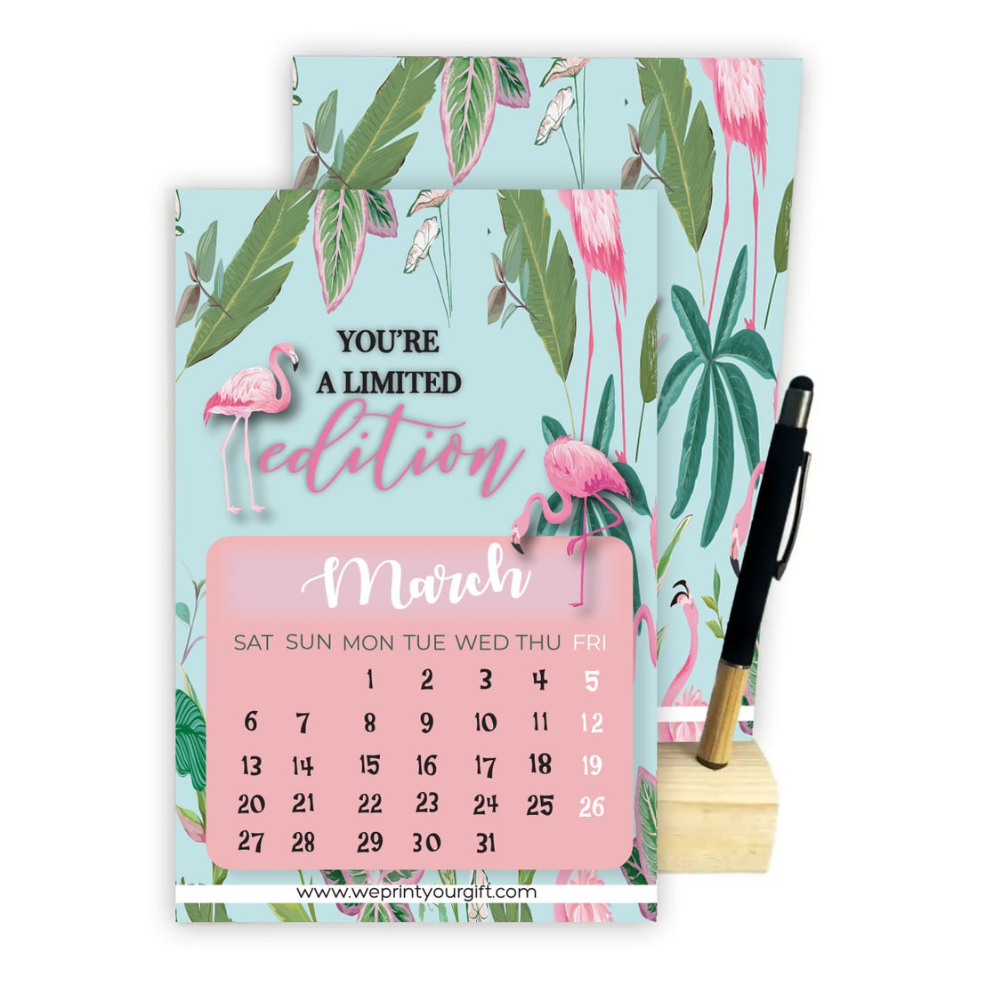 2027 Tropical Flamingo Desk Calendar – A5 Monthly Motivational Calendar with Wooden Stand & Bamboo Touch Pen