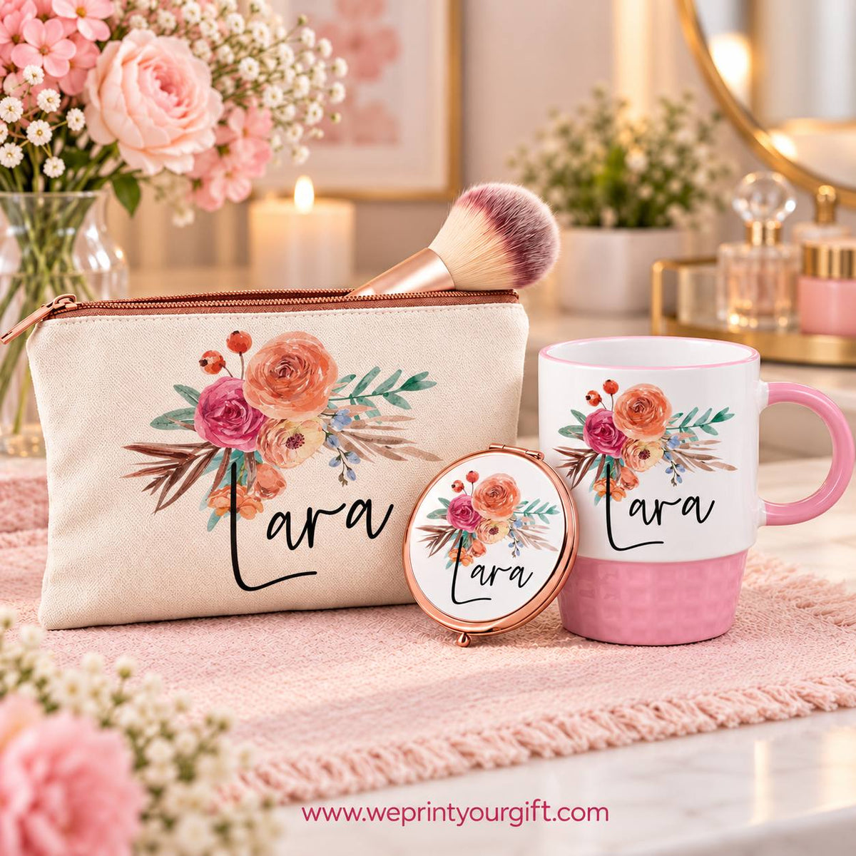 Floral Name Gift Set – Pouch, Compact Mirror & Pink Mug | Personalized