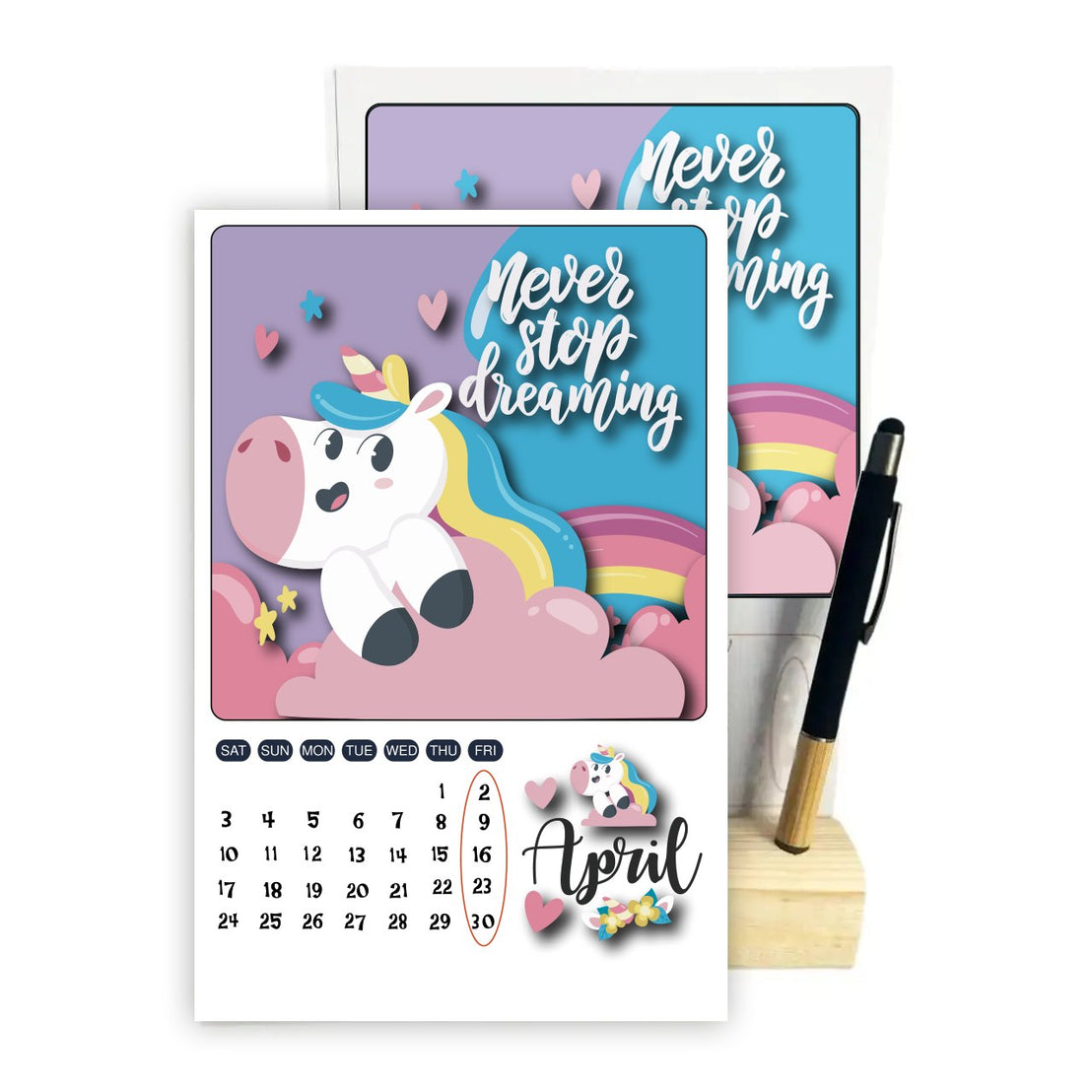 Magical Unicorn 2027 Desk Calendar with Wooden Stand & Bamboo Stylus Pen – Pastel Rainbow Collection