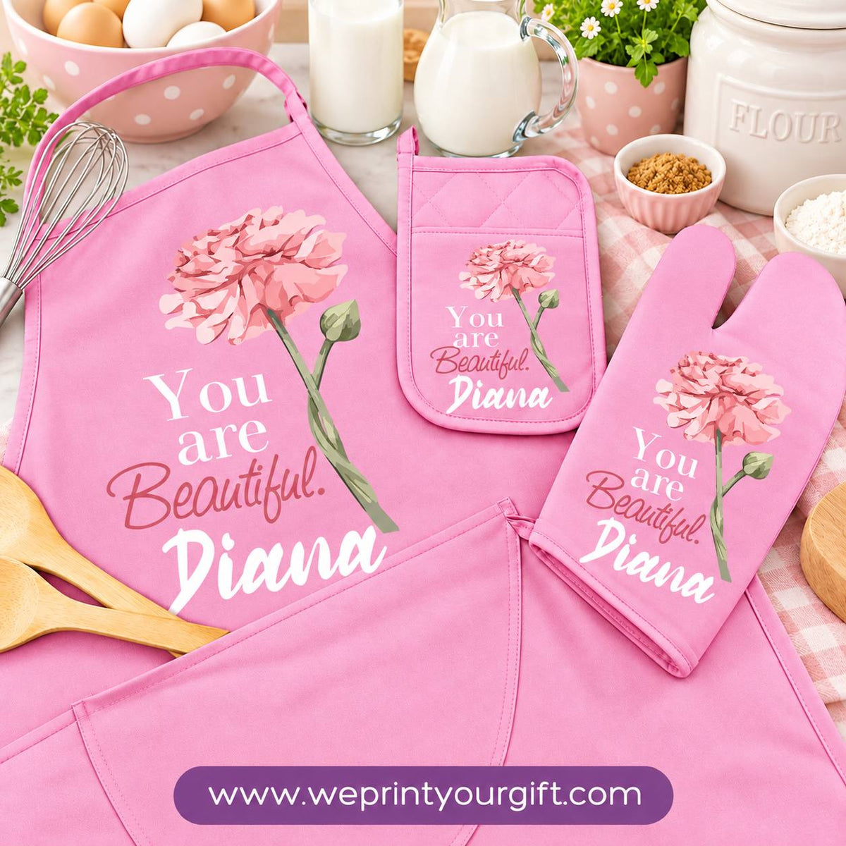 Personalized Name & Motivational Quote 3-Piece Kitchen Set (Apron, Oven Mitt & Pot Holder) + Optional Chef Hat