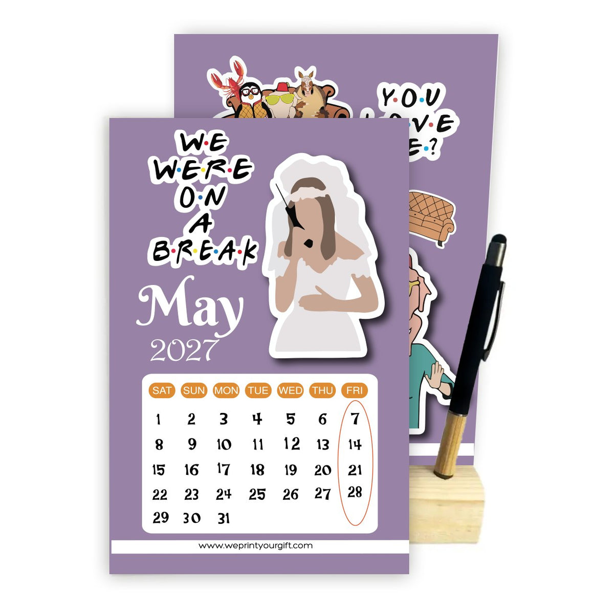 Friends Inspired 2027 Desk Calendar with Wooden Stand & Bamboo Touch Pen – A5 Monthly Calendar