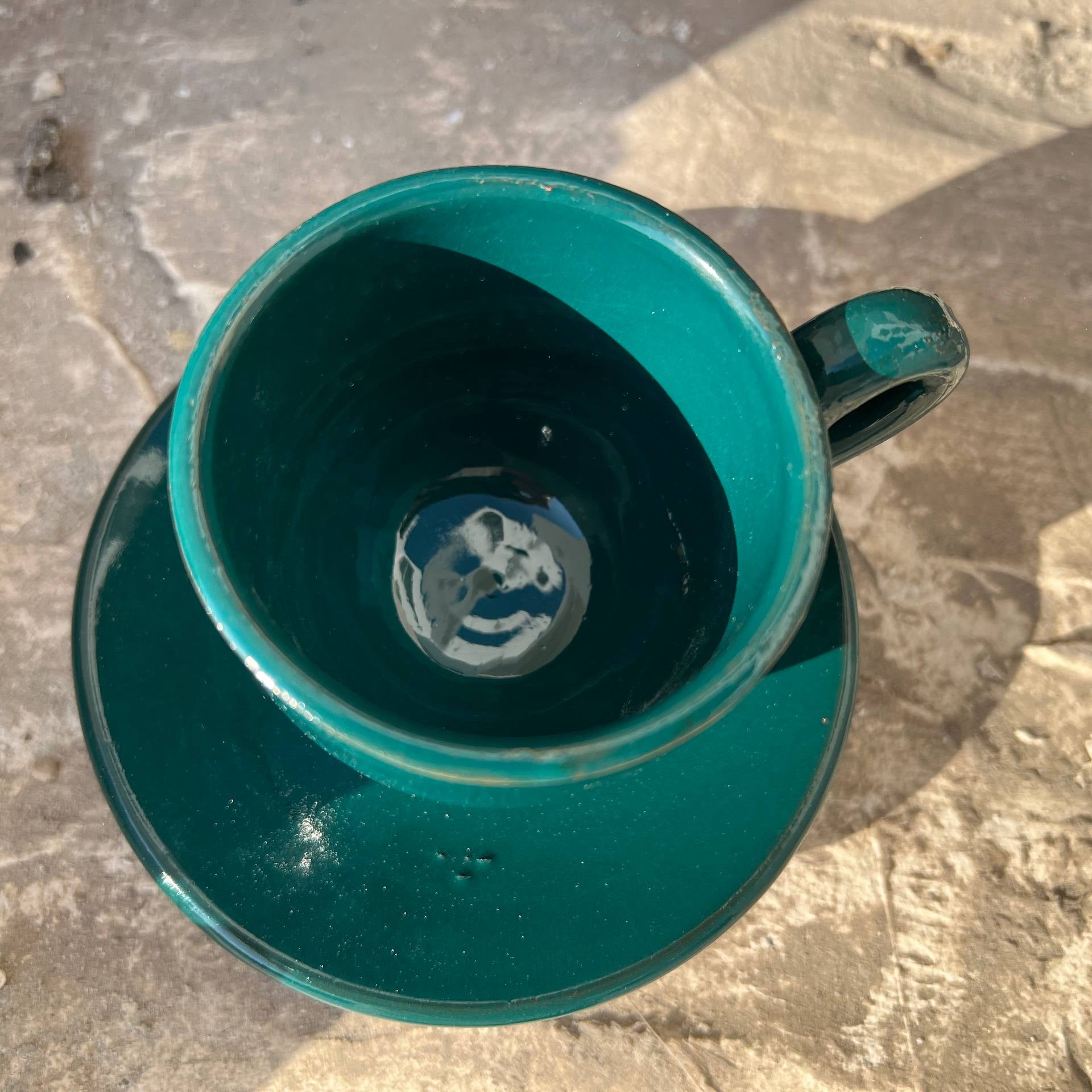 كوب قهوة مصنوع يدويًا من الفخار الأخضر البترولي مع صحن - 200 مل | خيارات التخصيص