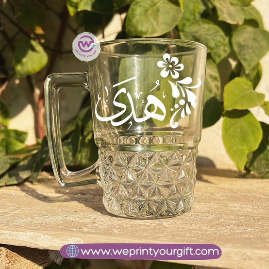 Personalized Clear Crystal Pattern Glass Mug with Arabic Name Typography – 250 ml