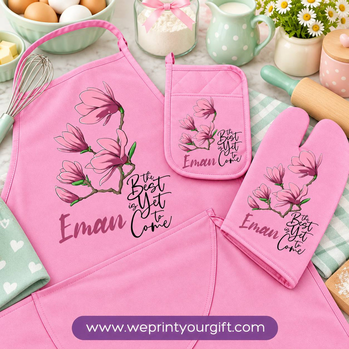 Personalized Name & Motivational Quote 3-Piece Kitchen Set (Apron, Oven Mitt & Pot Holder) + Optional Chef Hat