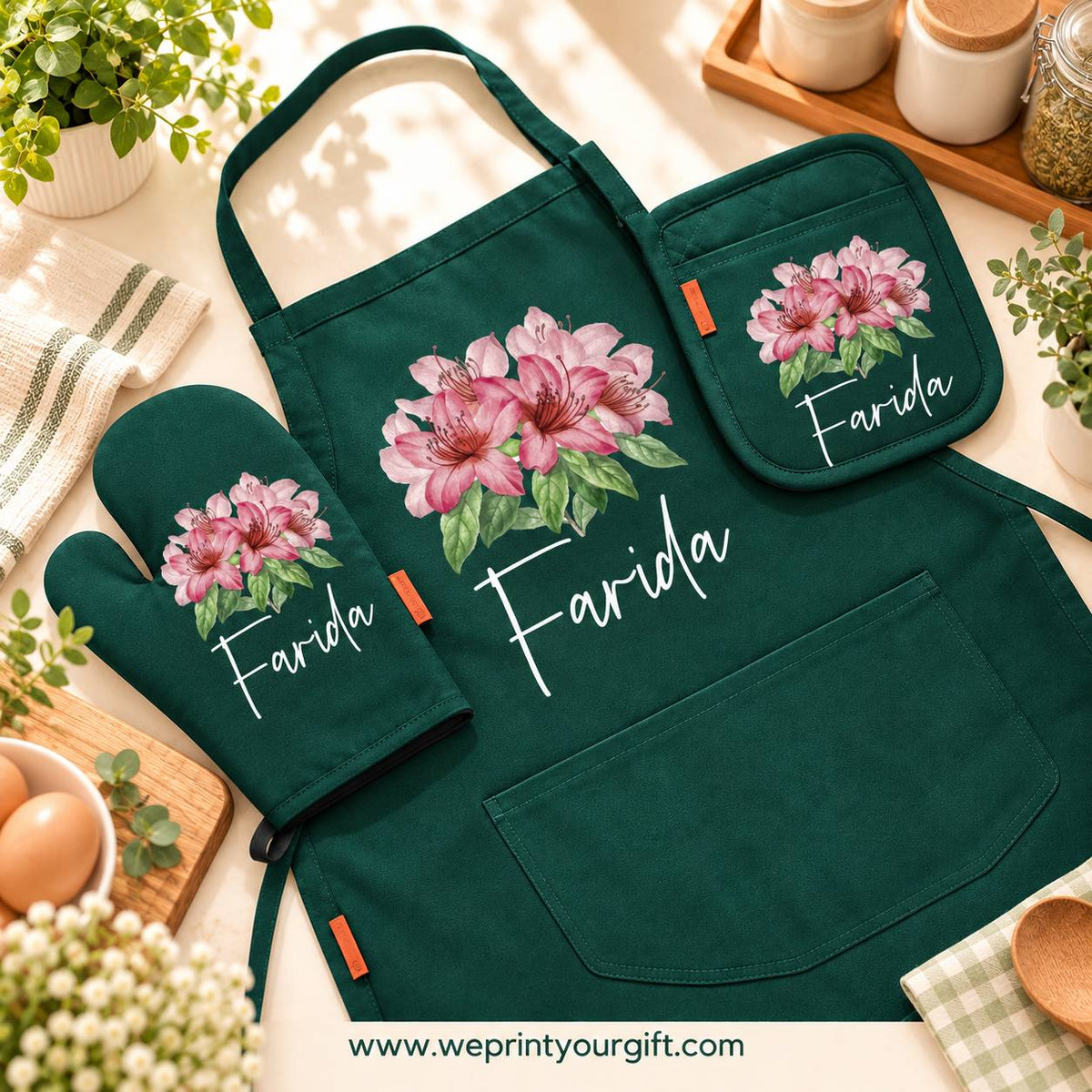 Floral Motivational Quote 3-Piece Kitchen Set (Apron, Oven Mitt & Pot Holder) + Optional Chef Hat, Personalized with Your Name