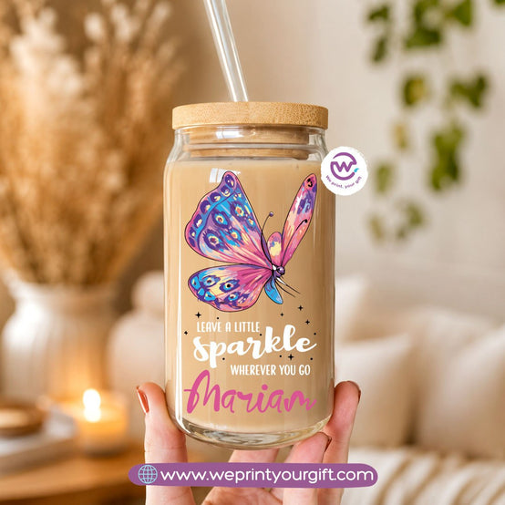 Butterfly Designs Glass Cup with Bamboo Lid & Reusable Glass Straw