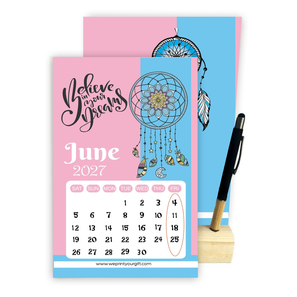 2027 Dream Catcher Desk Calendar – Inspirational Quotes with Wooden Stand & Bamboo Touch Pen