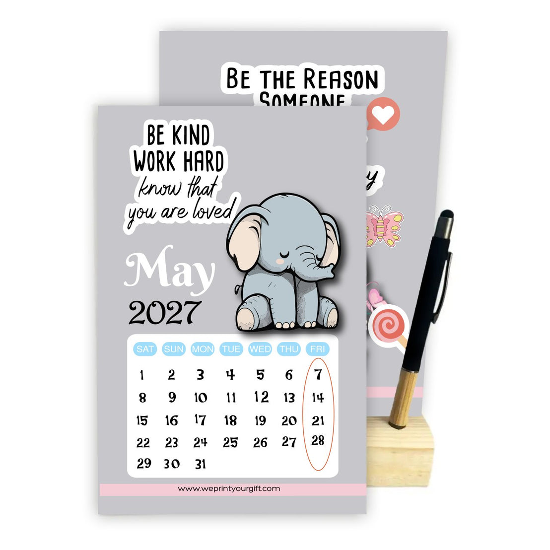 Cute Elephant 2027 Desk Calendar with Wooden Stand & Bamboo Stylus Pen – Inspirational Collection