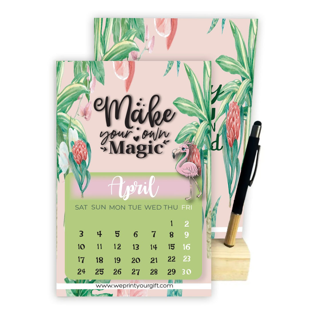 2027 Tropical Flamingo Desk Calendar – A5 Monthly Motivational Calendar with Wooden Stand & Bamboo Touch Pen