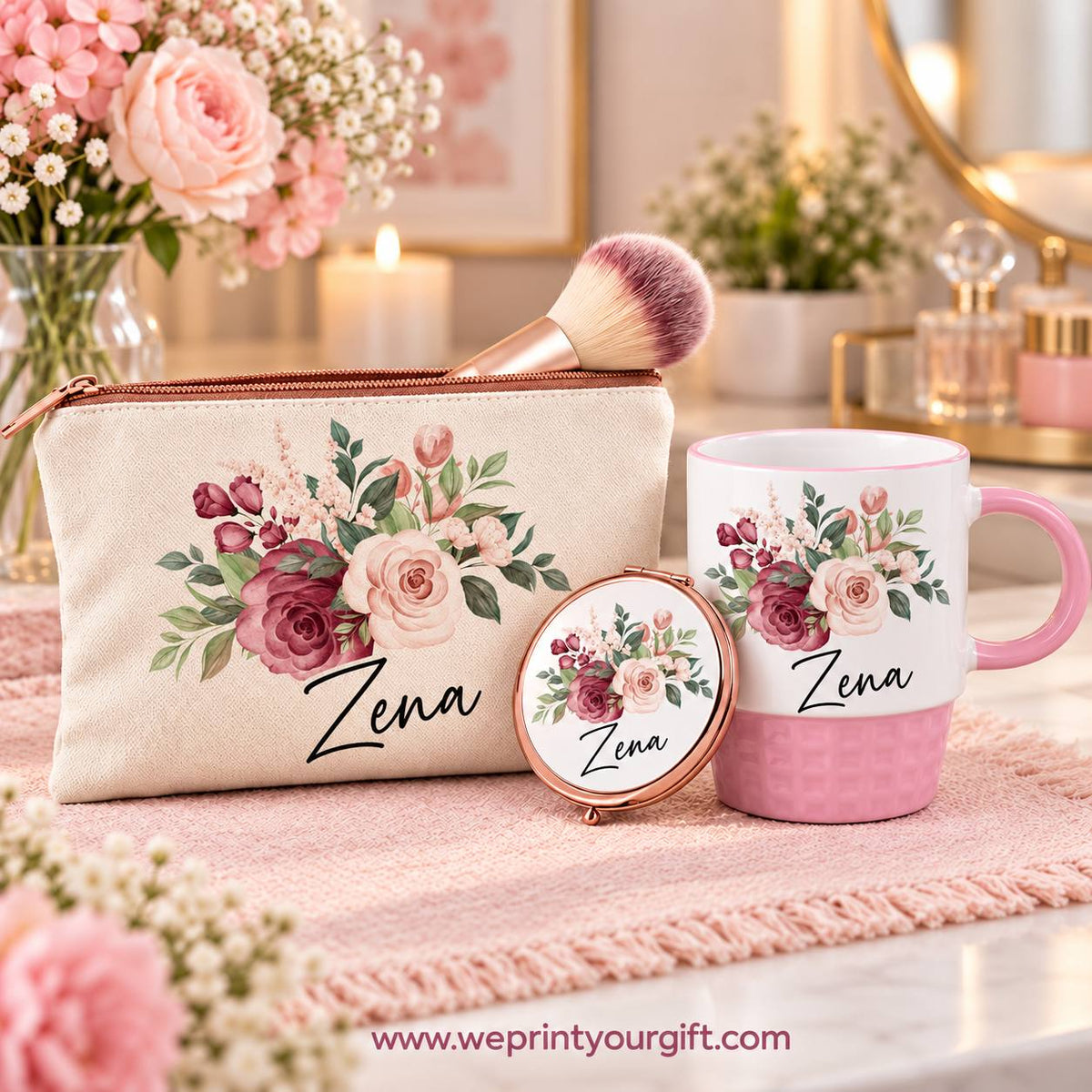 Floral Name Gift Set – Pouch, Compact Mirror & Pink Mug | Personalized