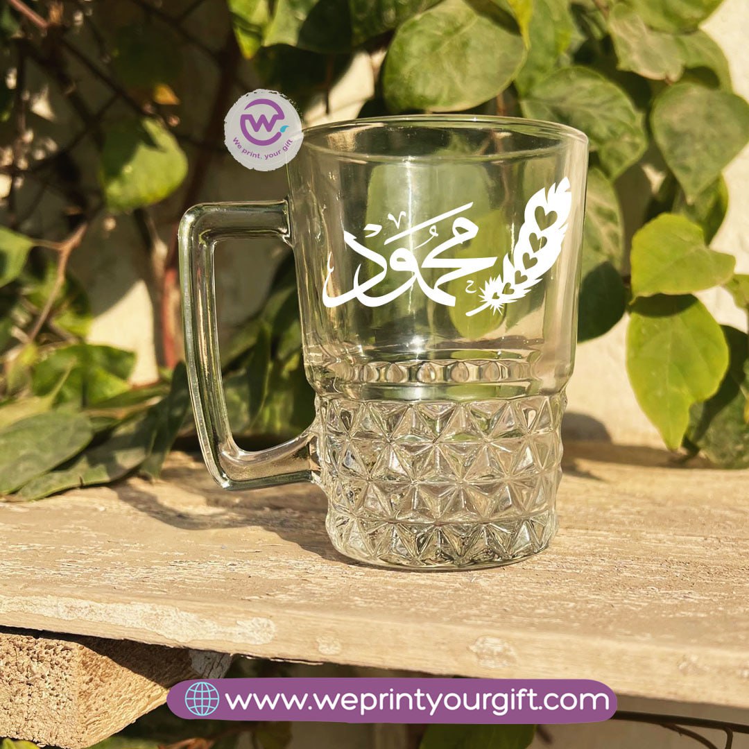Personalized Clear Crystal Pattern Glass Mug with Arabic Name Typography – 250 ml