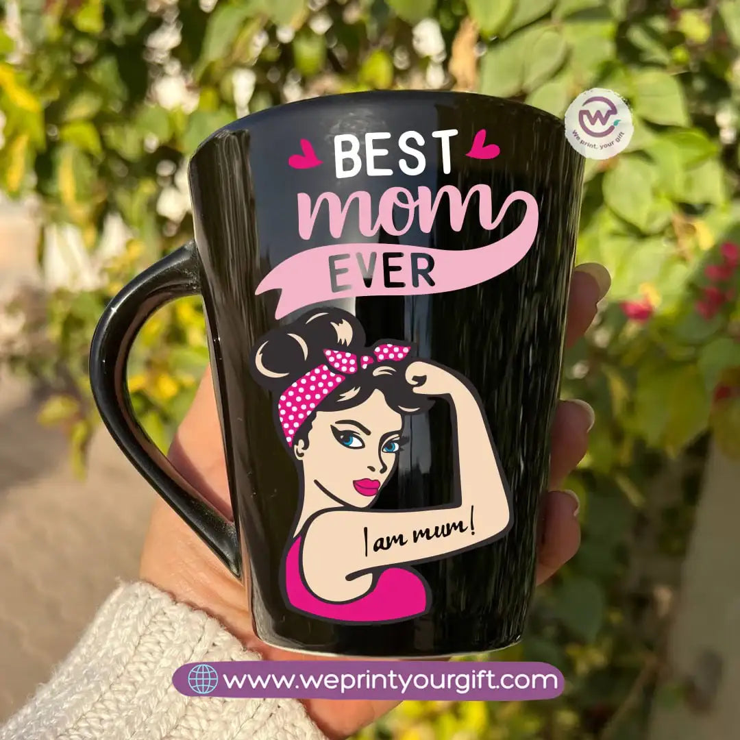Mom Love Edition Black Conical Porcelain Mug – 350 ml | Artistic Mother-Inspired Designs | UV Raised Sticker Printing - WE PRINT
