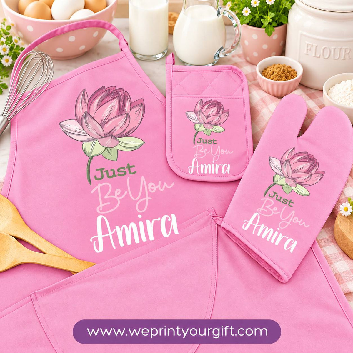 Personalized Name & Motivational Quote 3-Piece Kitchen Set (Apron, Oven Mitt & Pot Holder) + Optional Chef Hat