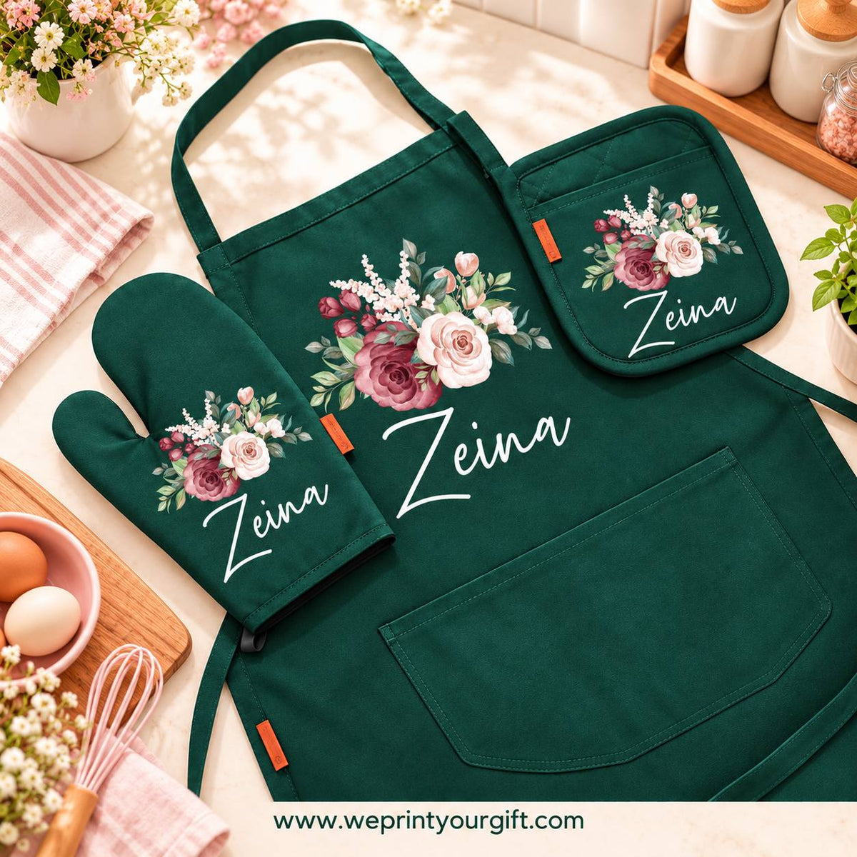 Floral Motivational Quote 3-Piece Kitchen Set (Apron, Oven Mitt & Pot Holder) + Optional Chef Hat, Personalized with Your Name