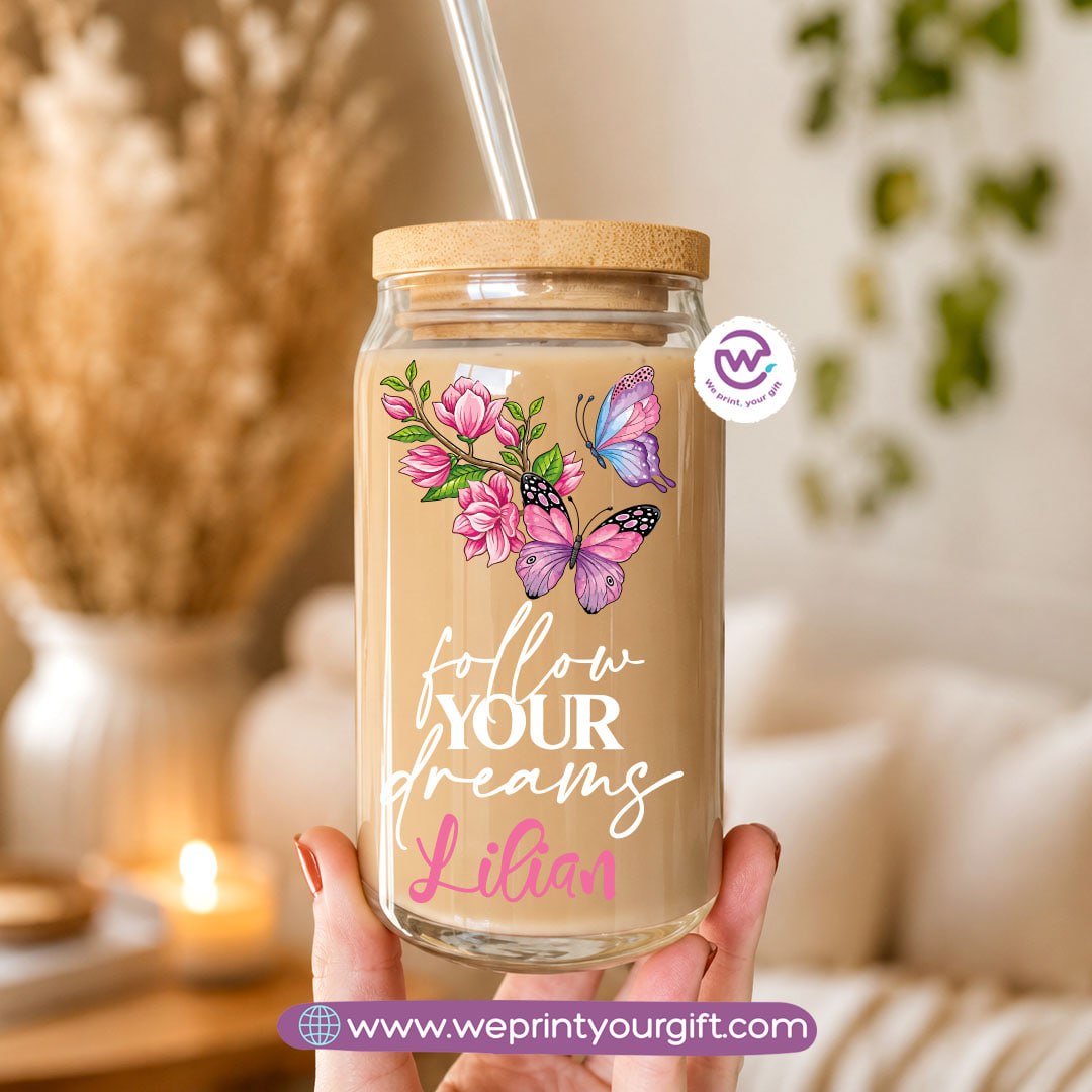 Butterfly Designs Glass Cup with Bamboo Lid & Reusable Glass Straw