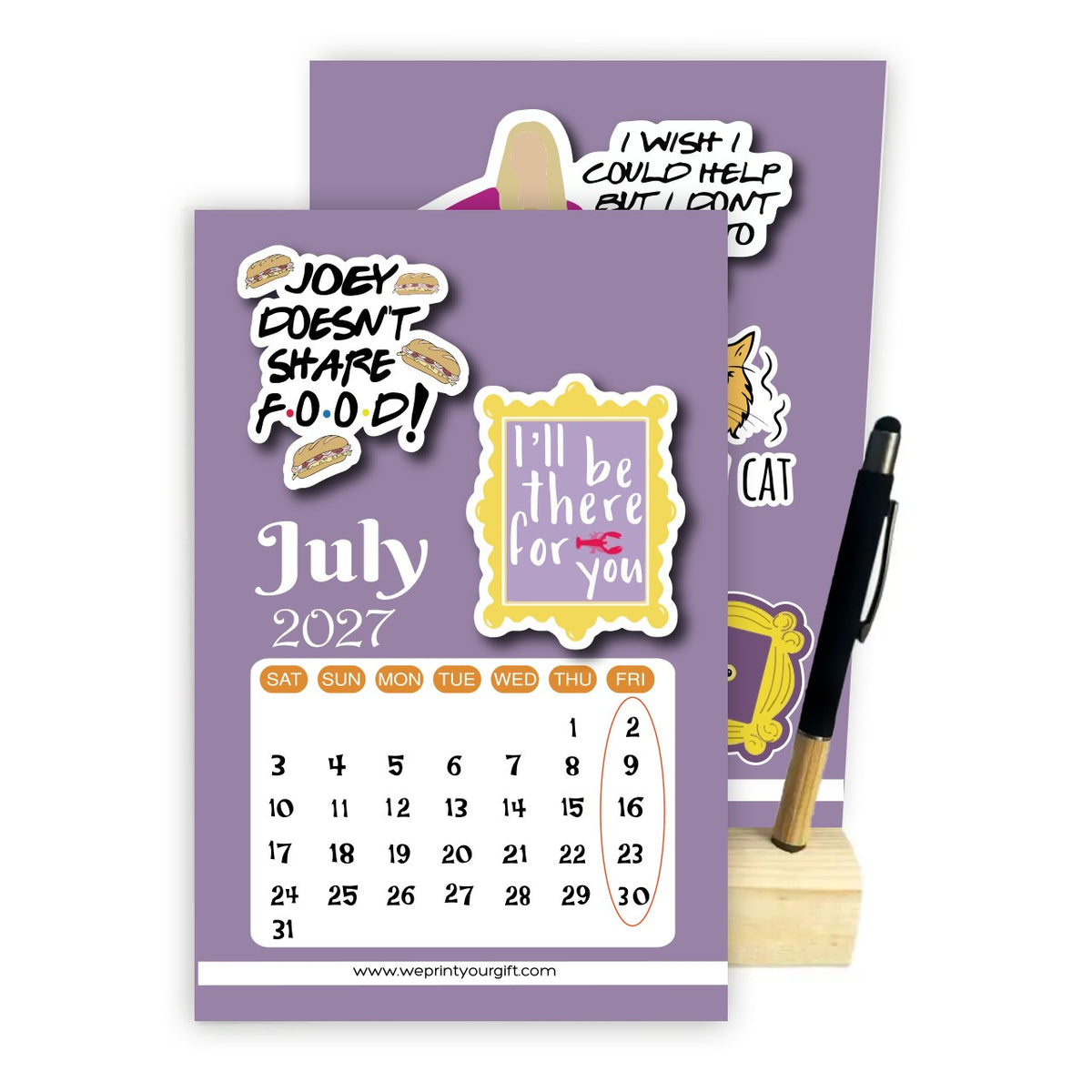 Friends Inspired 2027 Desk Calendar with Wooden Stand & Bamboo Touch Pen – A5 Monthly Calendar