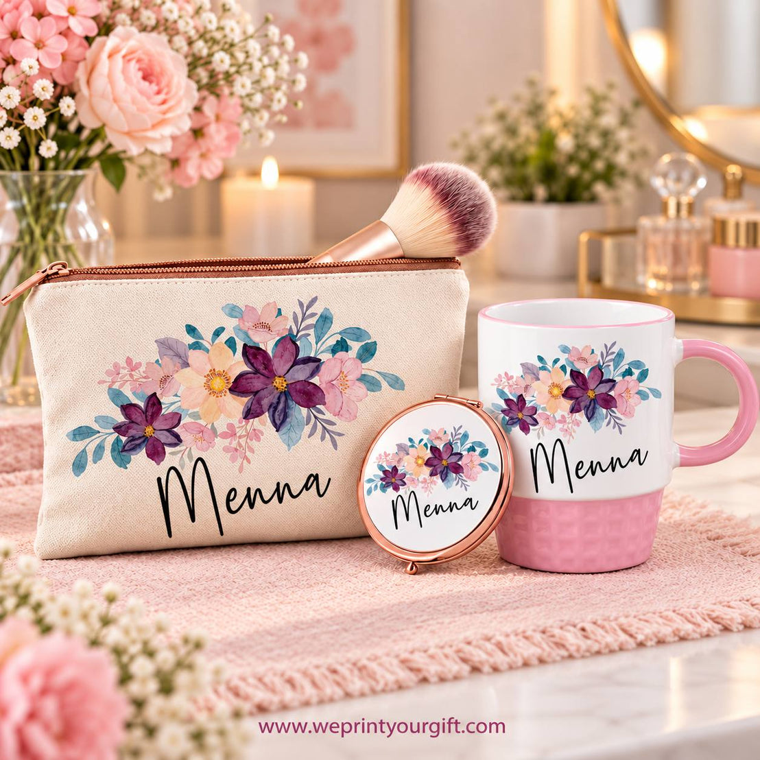 Floral Name Gift Set – Pouch, Compact Mirror & Pink Mug | Personalized