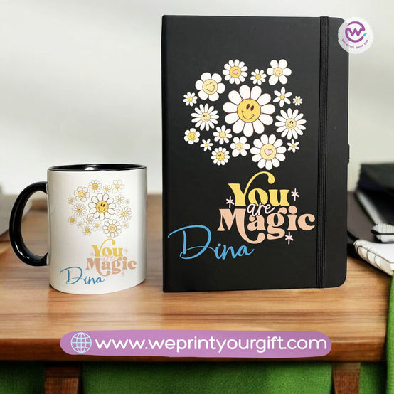 طقم أكواب ودفتر ملاحظات بتصميم كلاسيكي - هدية باسمك | نطبع هديتك