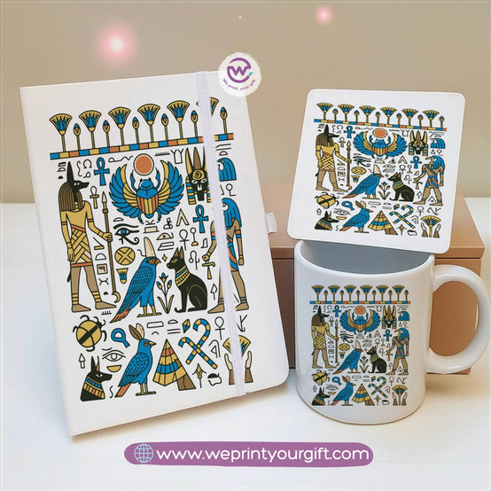 مجموعة هدايا بتصميم فرعوني مصري - دفتر ملاحظات، كوب، وقاعدة أكواب