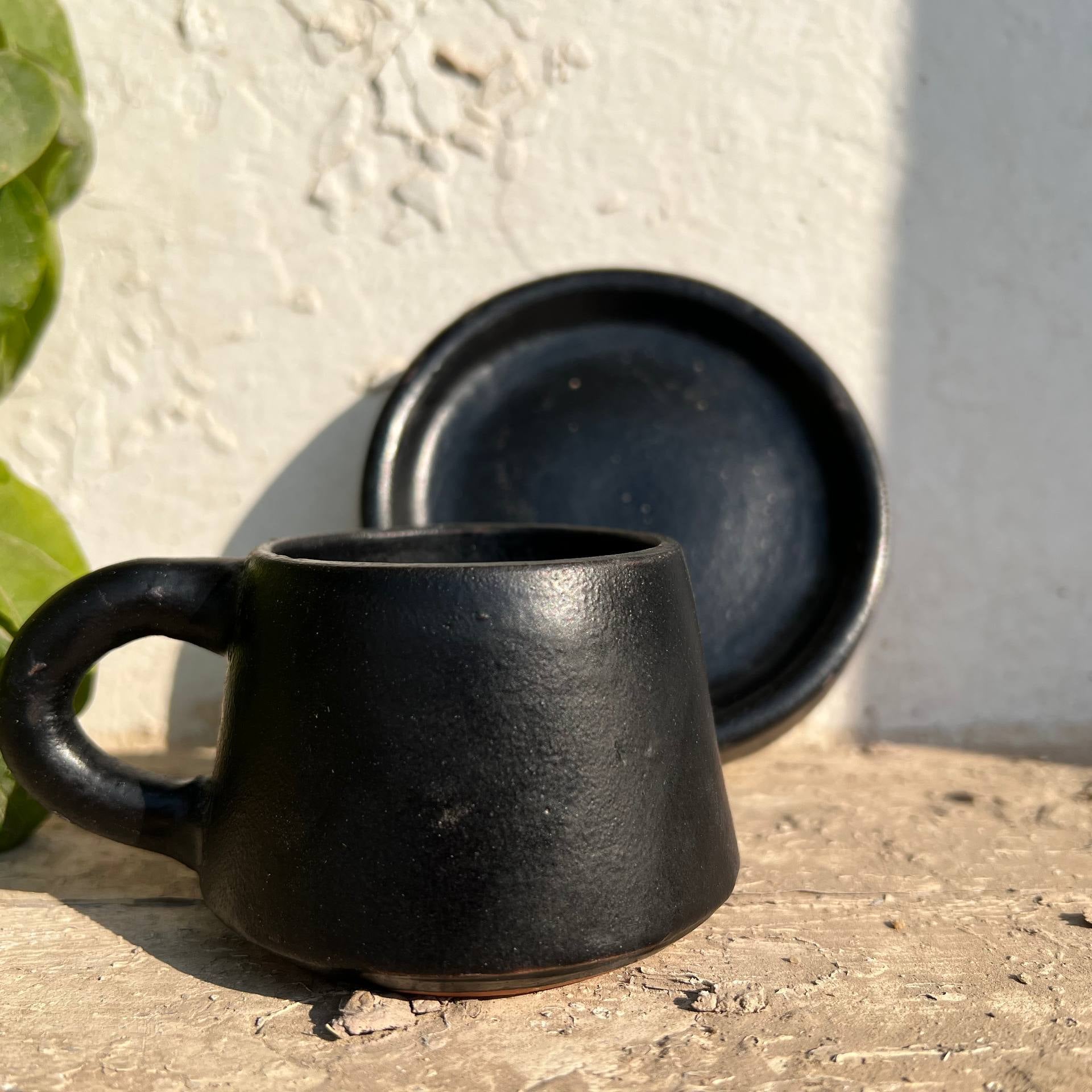 فنجان قهوة مصنوع يدويًا من الفخار مع صحن - 200 مل | خيارات التخصيص