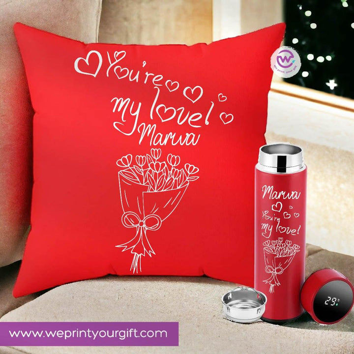 Set- ( Square Cushion + Digital Thermal Thermos ) -Valentine's Day - weprint.yourgift