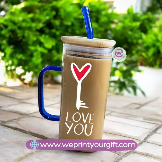 Square Glass Mug with Straw- Valentine’s Day designs - WE PRINT