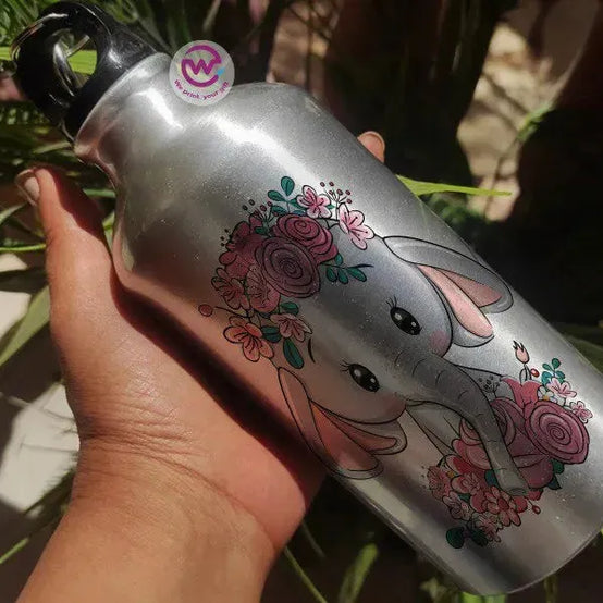 Water Bottle flask -Silver-Aluminum -Elephant - WE PRINT
