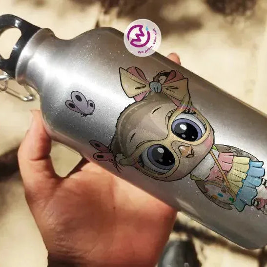Water Bottle flask -Silver-Aluminum -Owl - WE PRINT