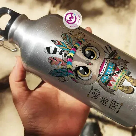 Water Bottle flask -Silver-Aluminum -Owl - WE PRINT